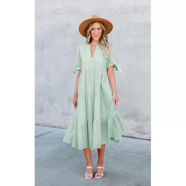 ECOWISH Women Summer Casual Dress  V Neck Short Sleeve Gingham Midi Pleated Tiered Loose Fit Holiday Picnic DressesGreen