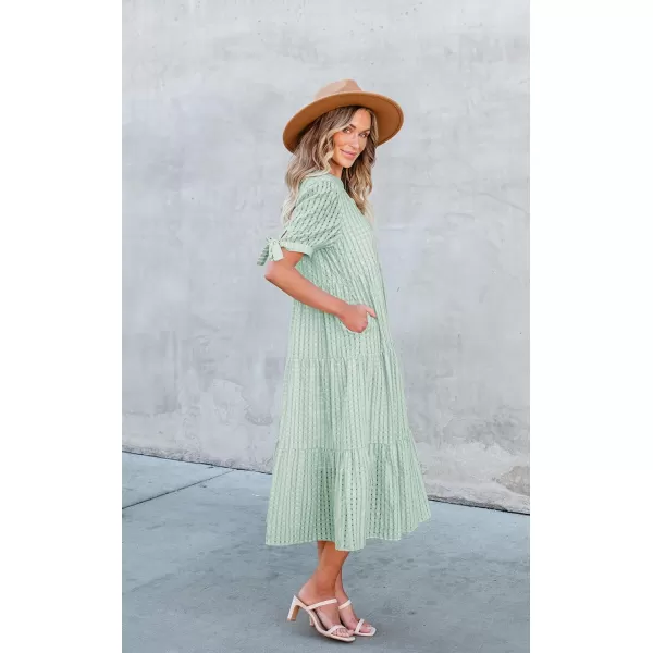 ECOWISH Women Summer Casual Dress  V Neck Short Sleeve Gingham Midi Pleated Tiered Loose Fit Holiday Picnic DressesGreen
