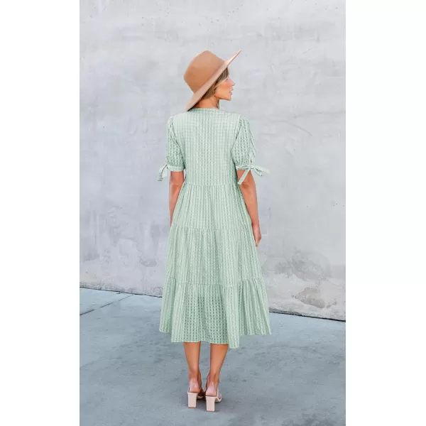 ECOWISH Women Summer Casual Dress  V Neck Short Sleeve Gingham Midi Pleated Tiered Loose Fit Holiday Picnic DressesGreen