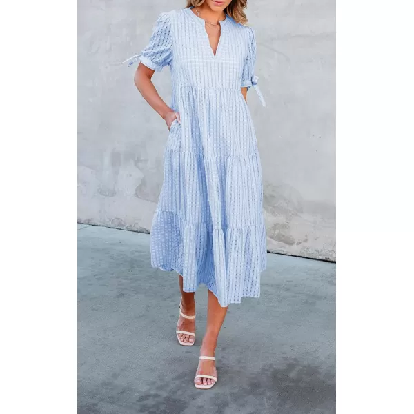 ECOWISH Women Summer Casual Dress  V Neck Short Sleeve Gingham Midi Pleated Tiered Loose Fit Holiday Picnic DressesLight Blue