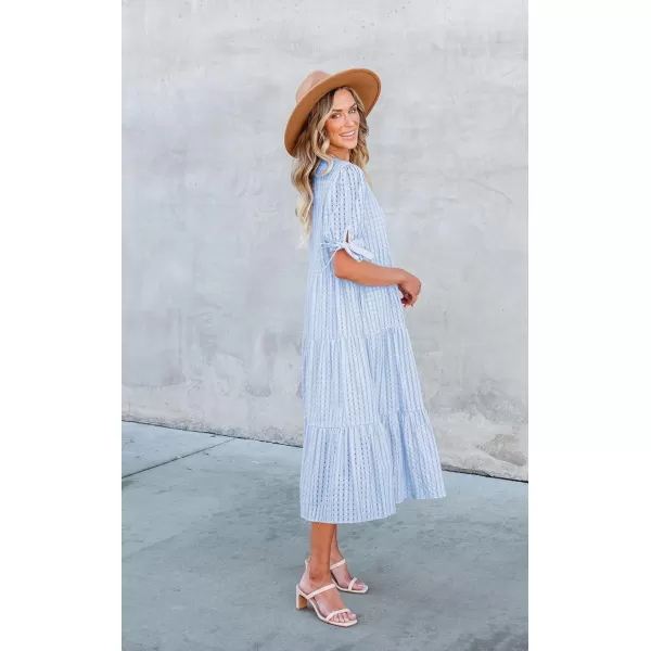ECOWISH Women Summer Casual Dress  V Neck Short Sleeve Gingham Midi Pleated Tiered Loose Fit Holiday Picnic DressesLight Blue