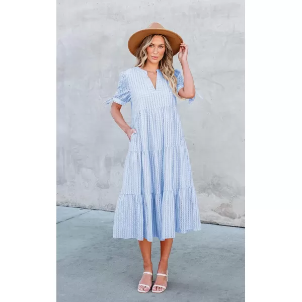 ECOWISH Women Summer Casual Dress  V Neck Short Sleeve Gingham Midi Pleated Tiered Loose Fit Holiday Picnic DressesLight Blue