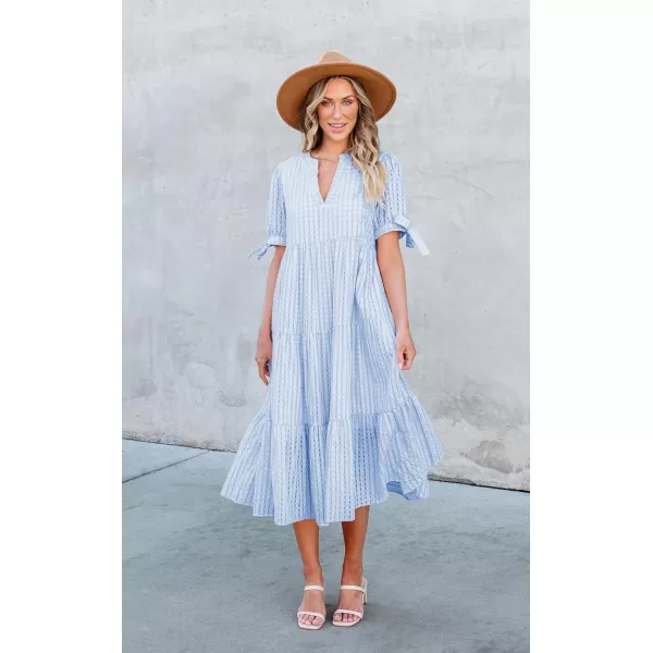 ECOWISH Women Summer Casual Dress  V Neck Short Sleeve Gingham Midi Pleated Tiered Loose Fit Holiday Picnic DressesLight Blue