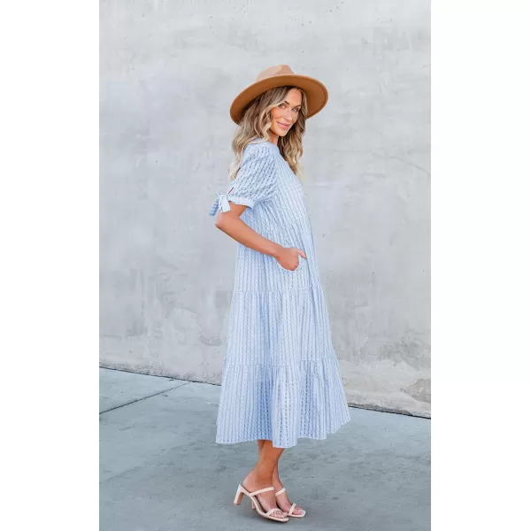 ECOWISH Women Summer Casual Dress  V Neck Short Sleeve Gingham Midi Pleated Tiered Loose Fit Holiday Picnic DressesLight Blue