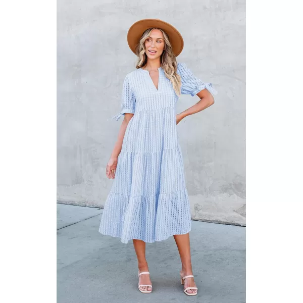 ECOWISH Women Summer Casual Dress  V Neck Short Sleeve Gingham Midi Pleated Tiered Loose Fit Holiday Picnic DressesLight Blue