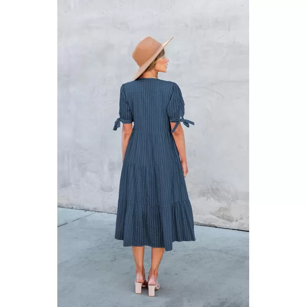 ECOWISH Women Summer Casual Dress  V Neck Short Sleeve Gingham Midi Pleated Tiered Loose Fit Holiday Picnic DressesNavy Blue