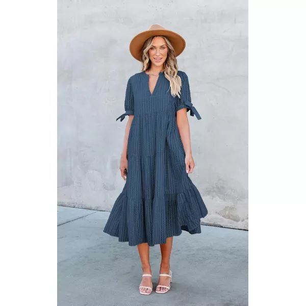 ECOWISH Women Summer Casual Dress  V Neck Short Sleeve Gingham Midi Pleated Tiered Loose Fit Holiday Picnic DressesNavy Blue