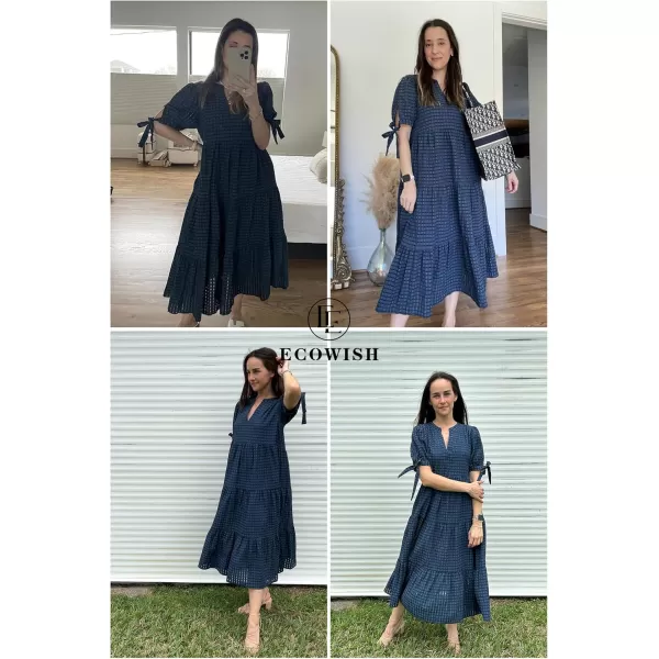 ECOWISH Women Summer Casual Dress  V Neck Short Sleeve Gingham Midi Pleated Tiered Loose Fit Holiday Picnic DressesNavy Blue