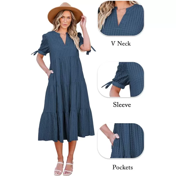 ECOWISH Women Summer Casual Dress  V Neck Short Sleeve Gingham Midi Pleated Tiered Loose Fit Holiday Picnic DressesNavy Blue