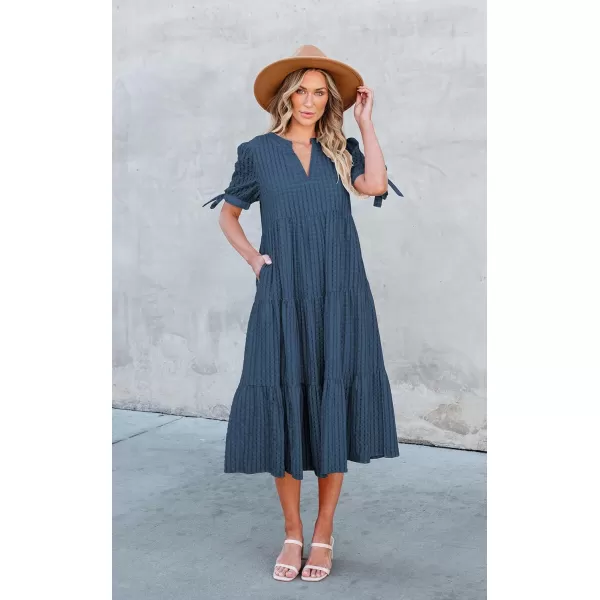 ECOWISH Women Summer Casual Dress  V Neck Short Sleeve Gingham Midi Pleated Tiered Loose Fit Holiday Picnic DressesNavy Blue