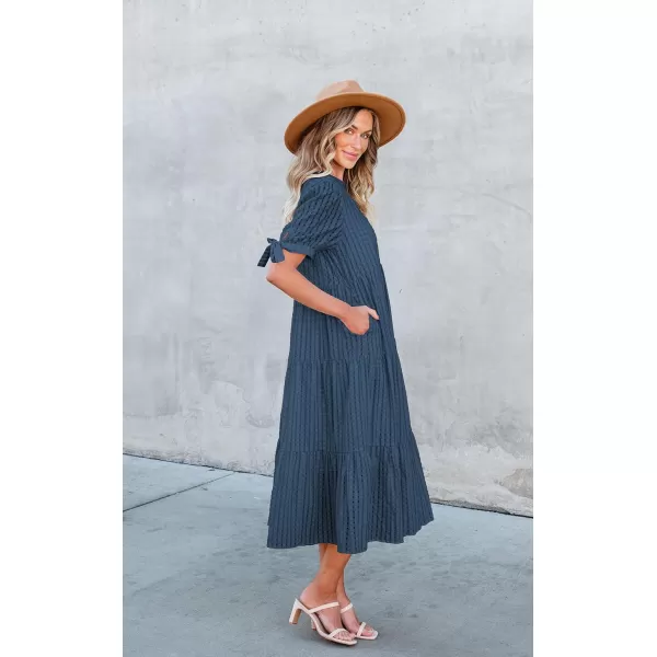 ECOWISH Women Summer Casual Dress  V Neck Short Sleeve Gingham Midi Pleated Tiered Loose Fit Holiday Picnic DressesNavy Blue