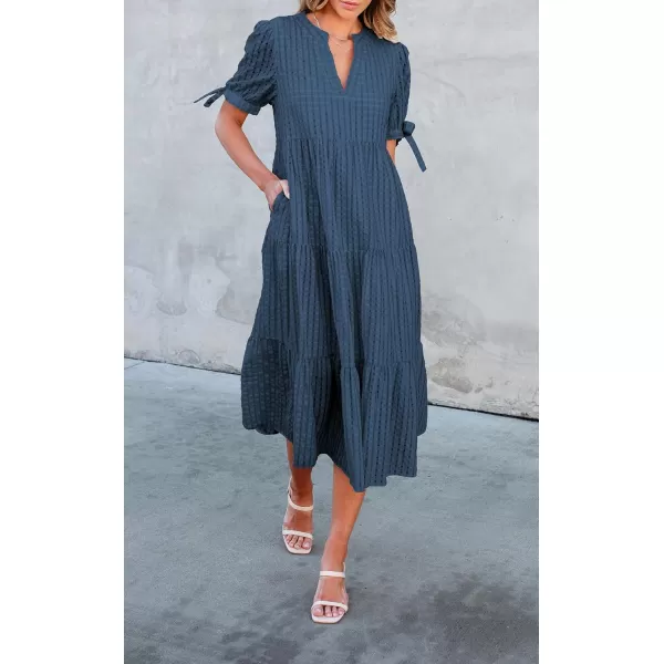 ECOWISH Women Summer Casual Dress  V Neck Short Sleeve Gingham Midi Pleated Tiered Loose Fit Holiday Picnic DressesNavy Blue