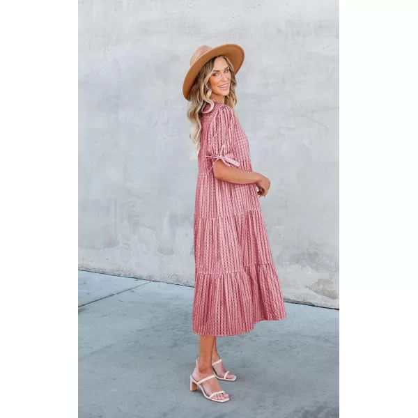 ECOWISH Women Summer Casual Dress  V Neck Short Sleeve Gingham Midi Pleated Tiered Loose Fit Holiday Picnic DressesRed