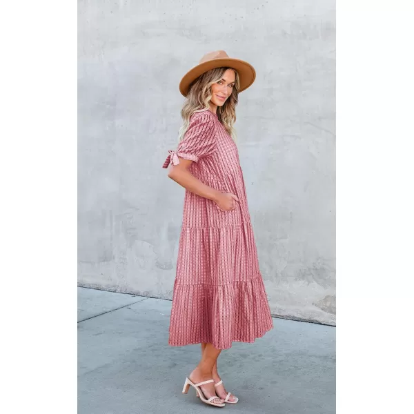 ECOWISH Women Summer Casual Dress  V Neck Short Sleeve Gingham Midi Pleated Tiered Loose Fit Holiday Picnic DressesRed