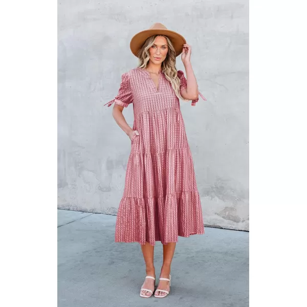 ECOWISH Women Summer Casual Dress  V Neck Short Sleeve Gingham Midi Pleated Tiered Loose Fit Holiday Picnic DressesRed