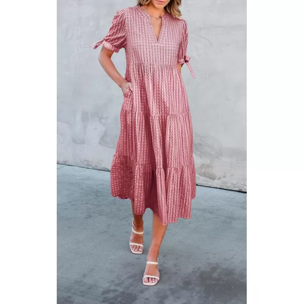 ECOWISH Women Summer Casual Dress  V Neck Short Sleeve Gingham Midi Pleated Tiered Loose Fit Holiday Picnic DressesRed