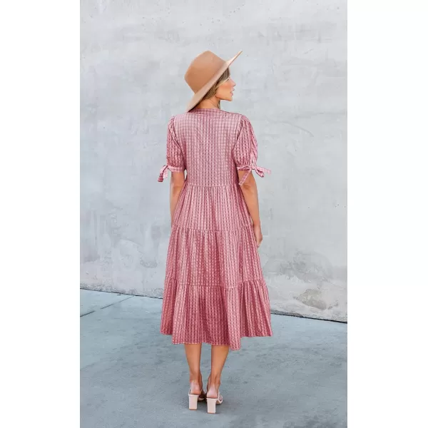ECOWISH Women Summer Casual Dress  V Neck Short Sleeve Gingham Midi Pleated Tiered Loose Fit Holiday Picnic DressesRed