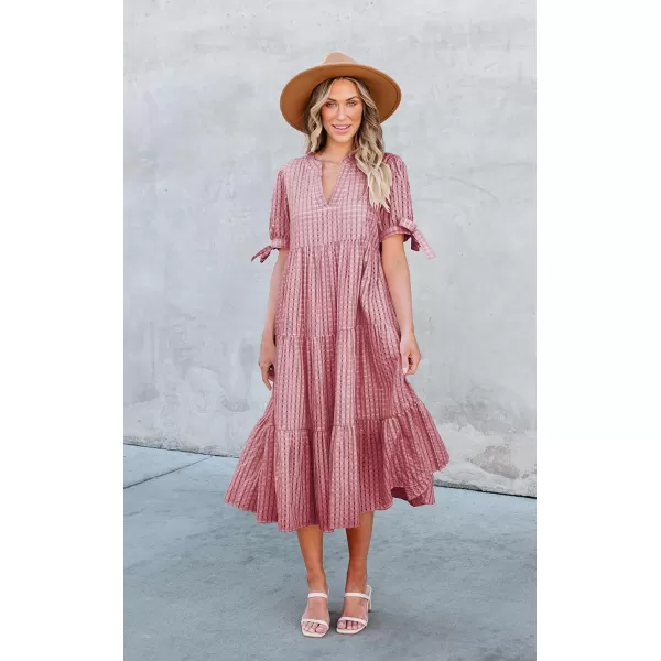 ECOWISH Women Summer Casual Dress  V Neck Short Sleeve Gingham Midi Pleated Tiered Loose Fit Holiday Picnic DressesRed