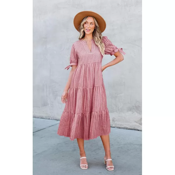 ECOWISH Women Summer Casual Dress  V Neck Short Sleeve Gingham Midi Pleated Tiered Loose Fit Holiday Picnic DressesRed