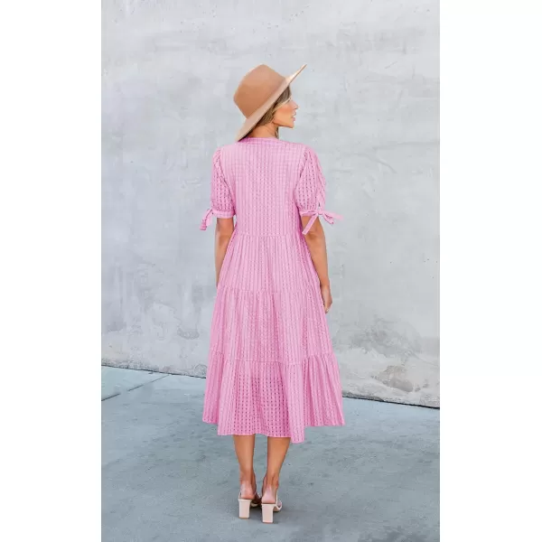ECOWISH Women Summer Casual Dress  V Neck Short Sleeve Gingham Midi Pleated Tiered Loose Fit Holiday Picnic DressesRose Pink