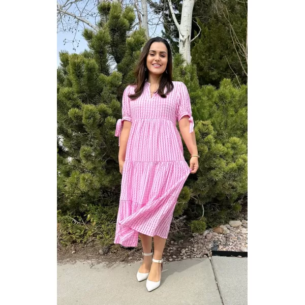 ECOWISH Women Summer Casual Dress  V Neck Short Sleeve Gingham Midi Pleated Tiered Loose Fit Holiday Picnic DressesRose Pink