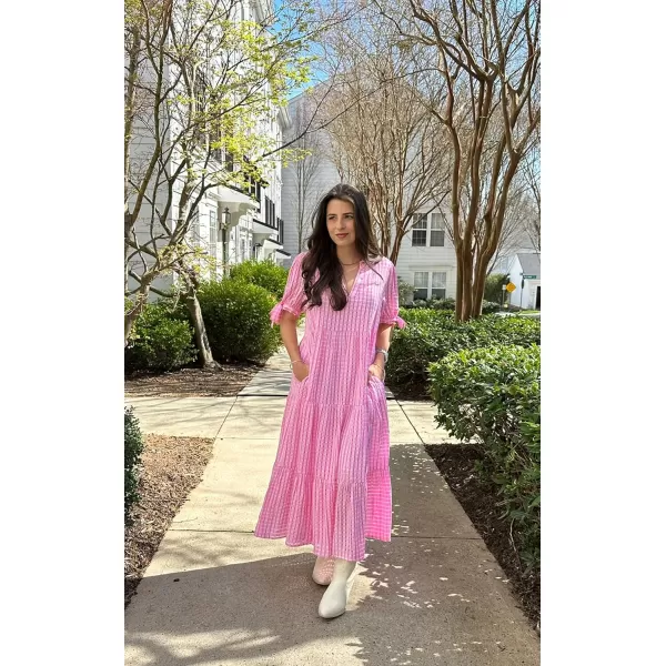 ECOWISH Women Summer Casual Dress  V Neck Short Sleeve Gingham Midi Pleated Tiered Loose Fit Holiday Picnic DressesRose Pink