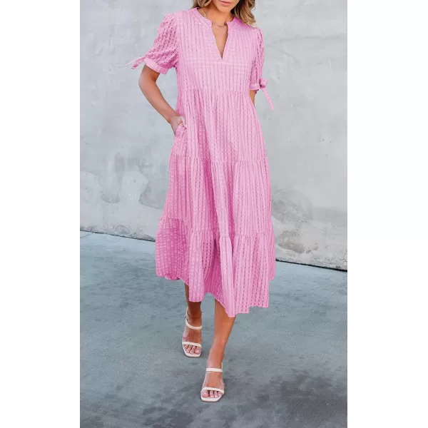 ECOWISH Women Summer Casual Dress  V Neck Short Sleeve Gingham Midi Pleated Tiered Loose Fit Holiday Picnic DressesRose Pink