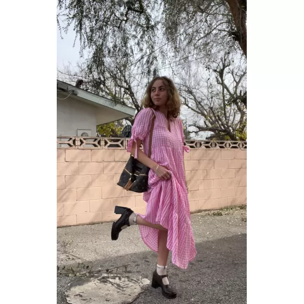 ECOWISH Women Summer Casual Dress  V Neck Short Sleeve Gingham Midi Pleated Tiered Loose Fit Holiday Picnic DressesRose Pink
