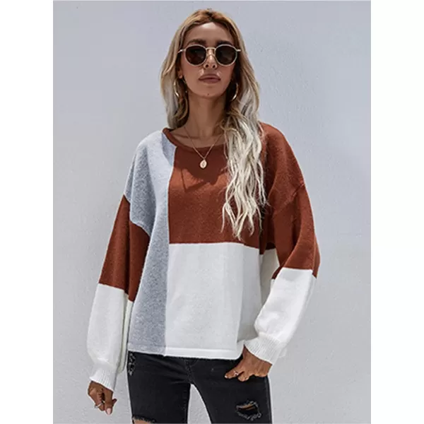 ECOWISH Women Sweater Long Sleeve Color Block Knit Pullover Sweaters Crew Neck Patchwork Casual Loose Jumper Tops196 Caramel
