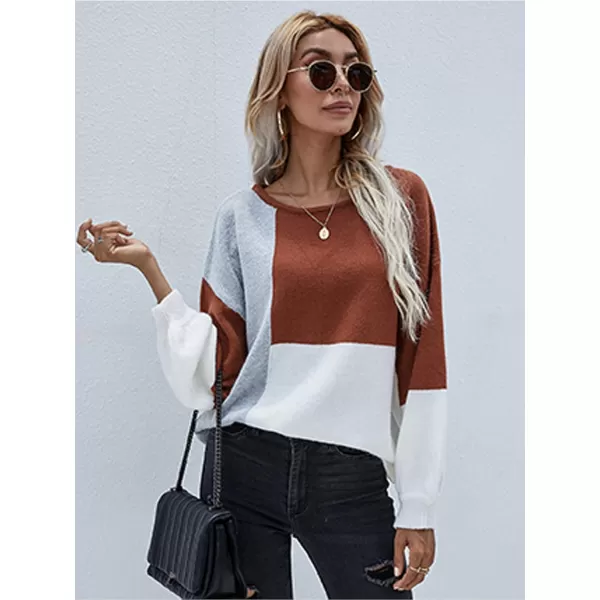ECOWISH Women Sweater Long Sleeve Color Block Knit Pullover Sweaters Crew Neck Patchwork Casual Loose Jumper Tops196 Caramel