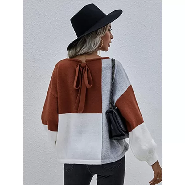 ECOWISH Women Sweater Long Sleeve Color Block Knit Pullover Sweaters Crew Neck Patchwork Casual Loose Jumper Tops196 Caramel