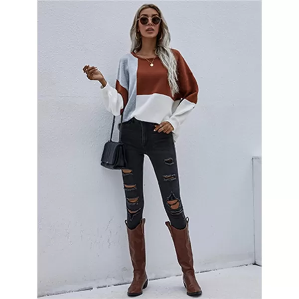 ECOWISH Women Sweater Long Sleeve Color Block Knit Pullover Sweaters Crew Neck Patchwork Casual Loose Jumper Tops196 Caramel
