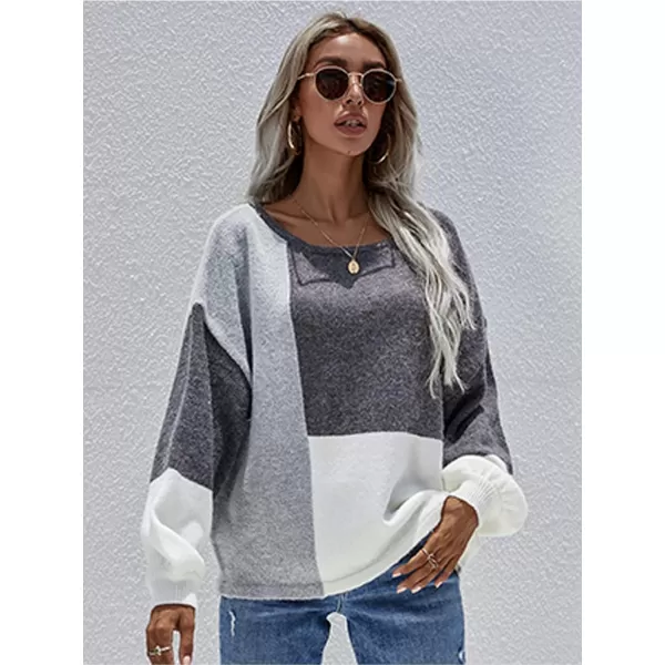 ECOWISH Women Sweater Long Sleeve Color Block Knit Pullover Sweaters Crew Neck Patchwork Casual Loose Jumper Tops196 Gray