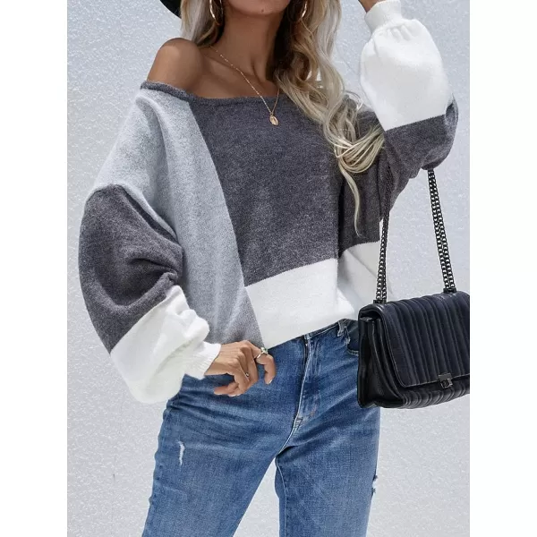 ECOWISH Women Sweater Long Sleeve Color Block Knit Pullover Sweaters Crew Neck Patchwork Casual Loose Jumper Tops196 Gray