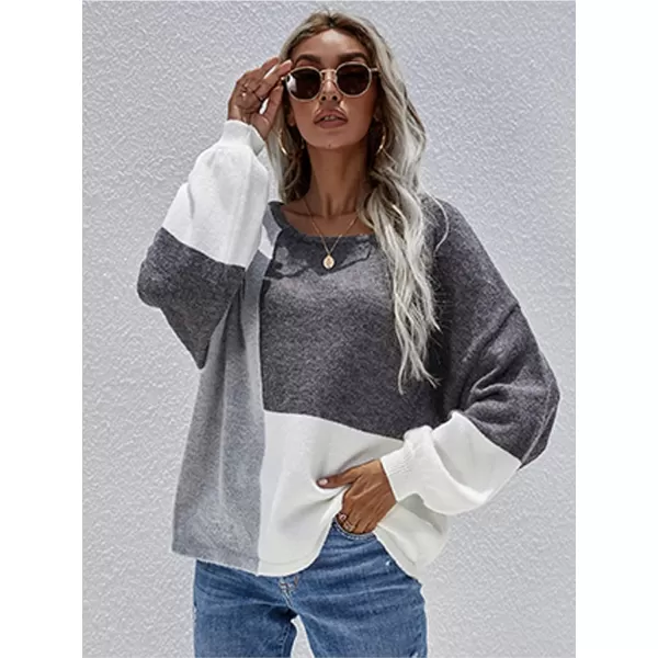 ECOWISH Women Sweater Long Sleeve Color Block Knit Pullover Sweaters Crew Neck Patchwork Casual Loose Jumper Tops196 Gray