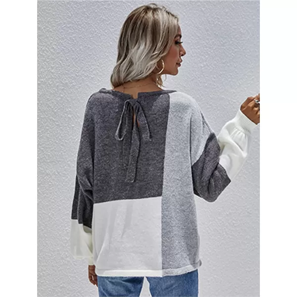 ECOWISH Women Sweater Long Sleeve Color Block Knit Pullover Sweaters Crew Neck Patchwork Casual Loose Jumper Tops196 Gray