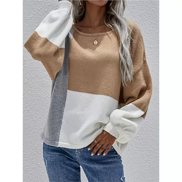 ECOWISH Women Sweater Long Sleeve Color Block Knit Pullover Sweaters Crew Neck Patchwork Casual Loose Jumper Tops196 Khaki