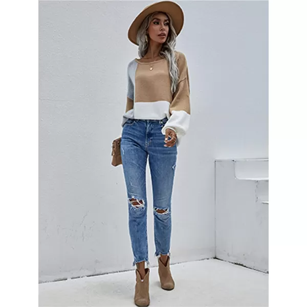 ECOWISH Women Sweater Long Sleeve Color Block Knit Pullover Sweaters Crew Neck Patchwork Casual Loose Jumper Tops196 Khaki