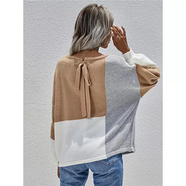 ECOWISH Women Sweater Long Sleeve Color Block Knit Pullover Sweaters Crew Neck Patchwork Casual Loose Jumper Tops196 Khaki