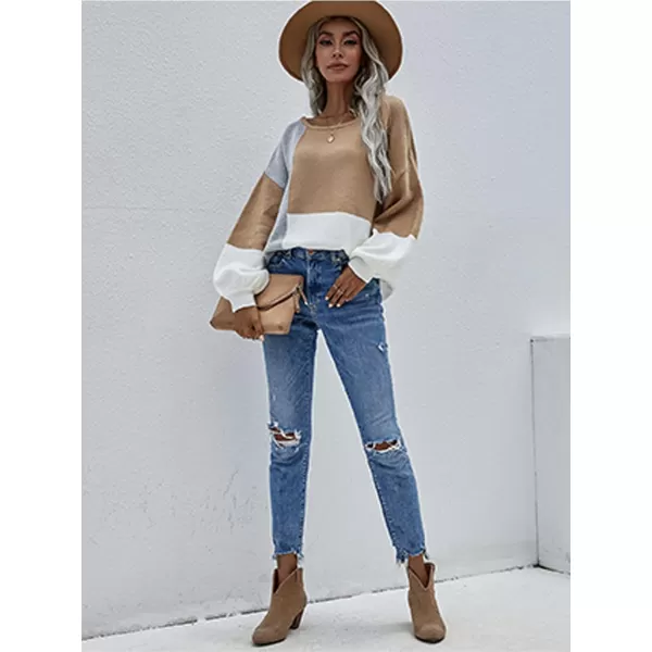 ECOWISH Women Sweater Long Sleeve Color Block Knit Pullover Sweaters Crew Neck Patchwork Casual Loose Jumper Tops196 Khaki
