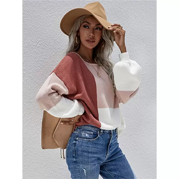 ECOWISH Women Sweater Long Sleeve Color Block Knit Pullover Sweaters Crew Neck Patchwork Casual Loose Jumper Tops196 Pink