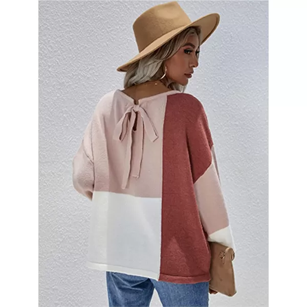 ECOWISH Women Sweater Long Sleeve Color Block Knit Pullover Sweaters Crew Neck Patchwork Casual Loose Jumper Tops196 Pink