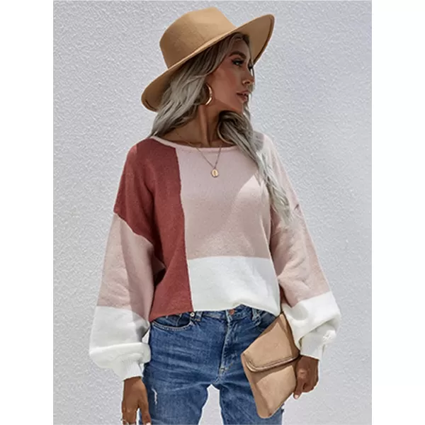 ECOWISH Women Sweater Long Sleeve Color Block Knit Pullover Sweaters Crew Neck Patchwork Casual Loose Jumper Tops196 Pink