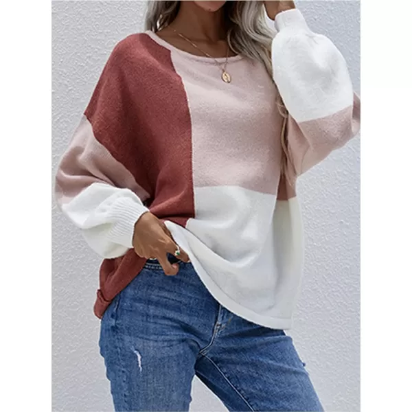 ECOWISH Women Sweater Long Sleeve Color Block Knit Pullover Sweaters Crew Neck Patchwork Casual Loose Jumper Tops196 Pink