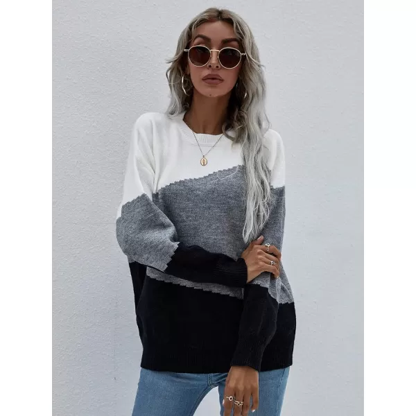 ECOWISH Women Sweater Long Sleeve Color Block Knit Pullover Sweaters Crew Neck Patchwork Casual Loose Jumper Tops216 Gray
