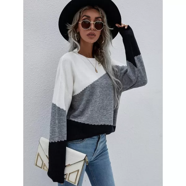 ECOWISH Women Sweater Long Sleeve Color Block Knit Pullover Sweaters Crew Neck Patchwork Casual Loose Jumper Tops216 Gray