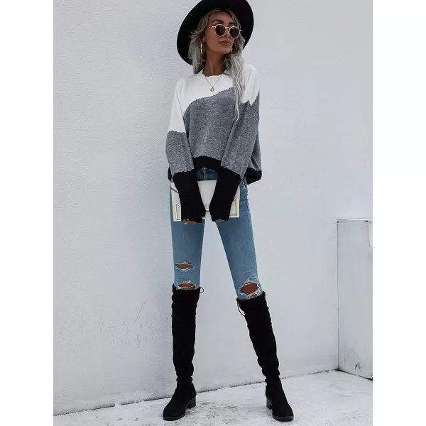 ECOWISH Women Sweater Long Sleeve Color Block Knit Pullover Sweaters Crew Neck Patchwork Casual Loose Jumper Tops216 Gray