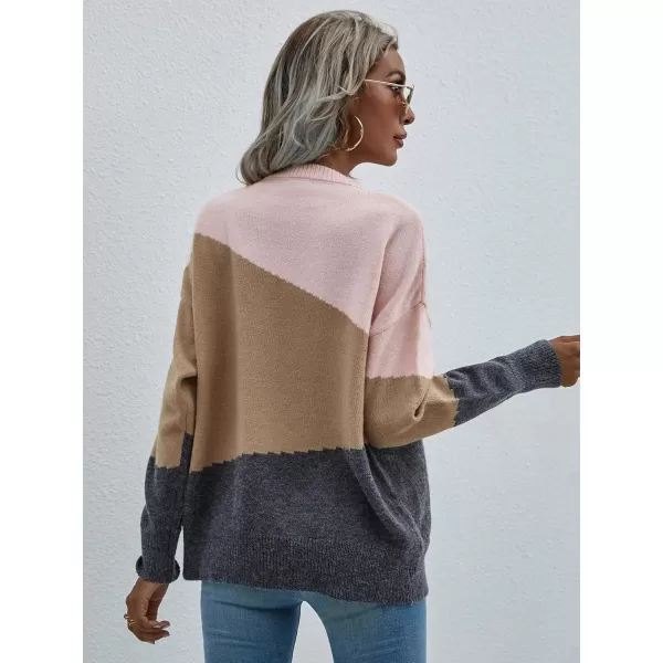 ECOWISH Women Sweater Long Sleeve Color Block Knit Pullover Sweaters Crew Neck Patchwork Casual Loose Jumper Tops216 Khaki
