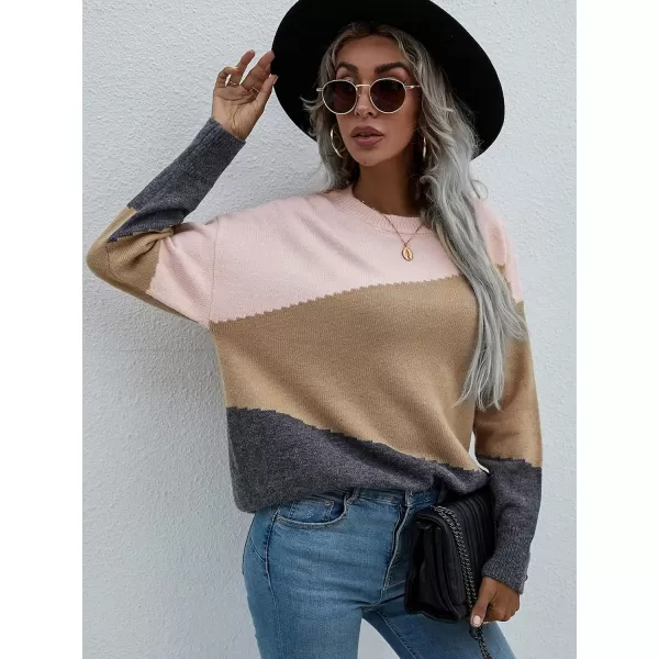 ECOWISH Women Sweater Long Sleeve Color Block Knit Pullover Sweaters Crew Neck Patchwork Casual Loose Jumper Tops216 Khaki