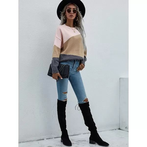 ECOWISH Women Sweater Long Sleeve Color Block Knit Pullover Sweaters Crew Neck Patchwork Casual Loose Jumper Tops216 Khaki